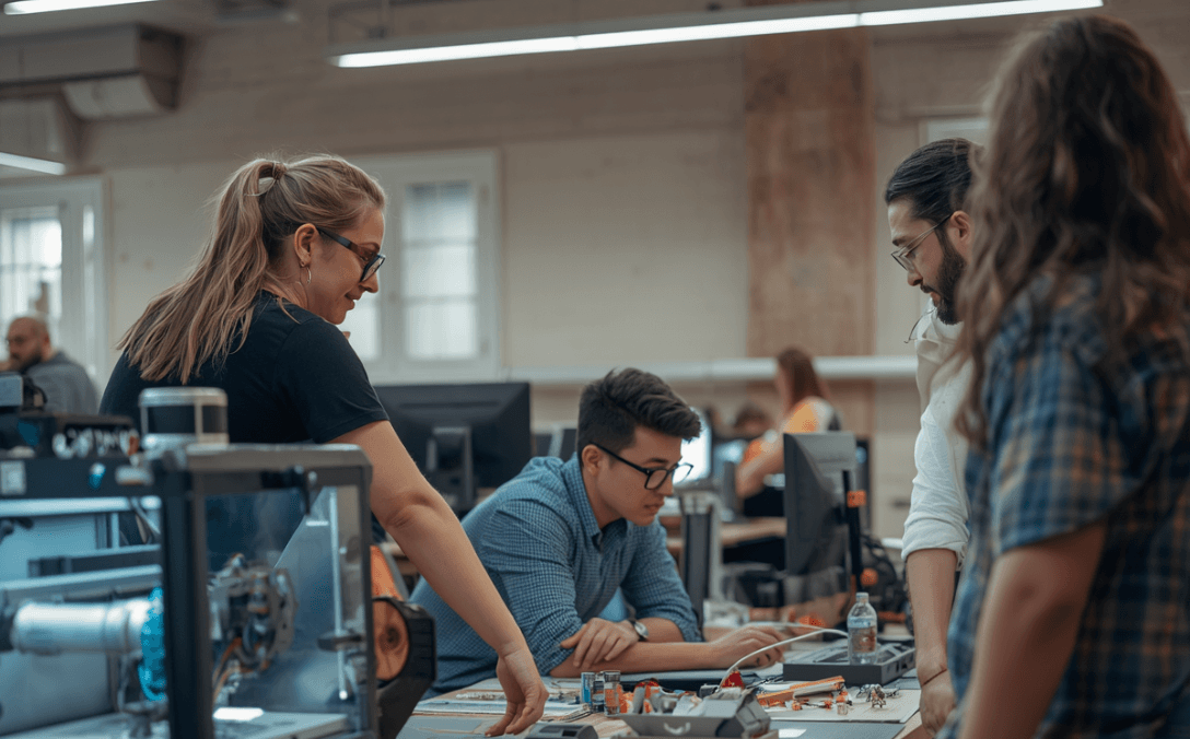 Estudantes e professores a trabalhar em projeto de design e prototipagem — laboratório de aprendizagem ativa