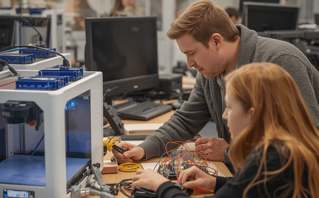 Professor a orientar grupo de estudantes com projeto de robótica e programação